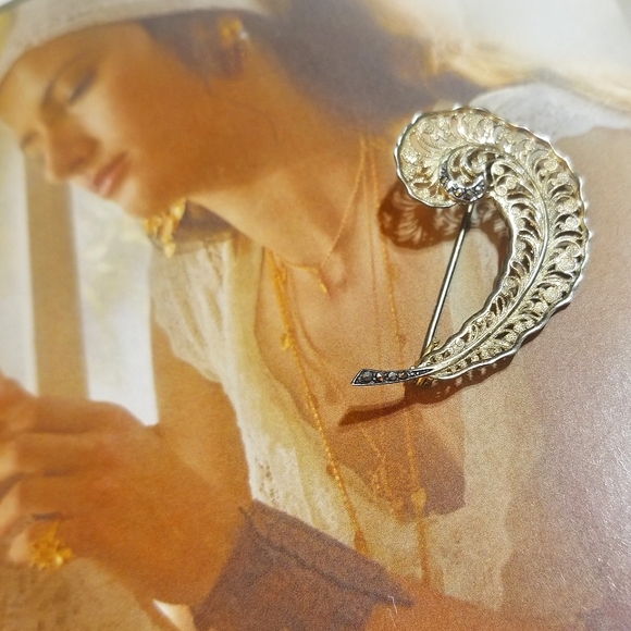 Art Deco Cannetille 800 Sterling Marcasite Feather Brooch - Picture 7 of 7